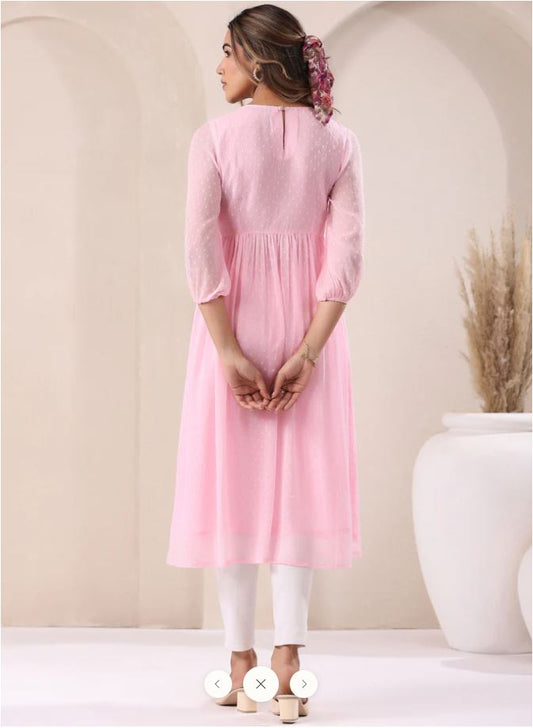 Dobby Chiffon A Line Kurti - Baby Pink
