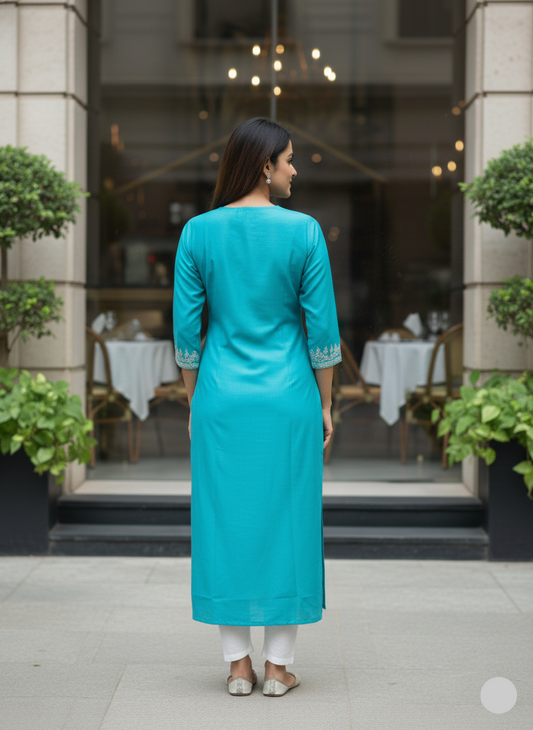 Long Embroidered Kurti - Sky Blue