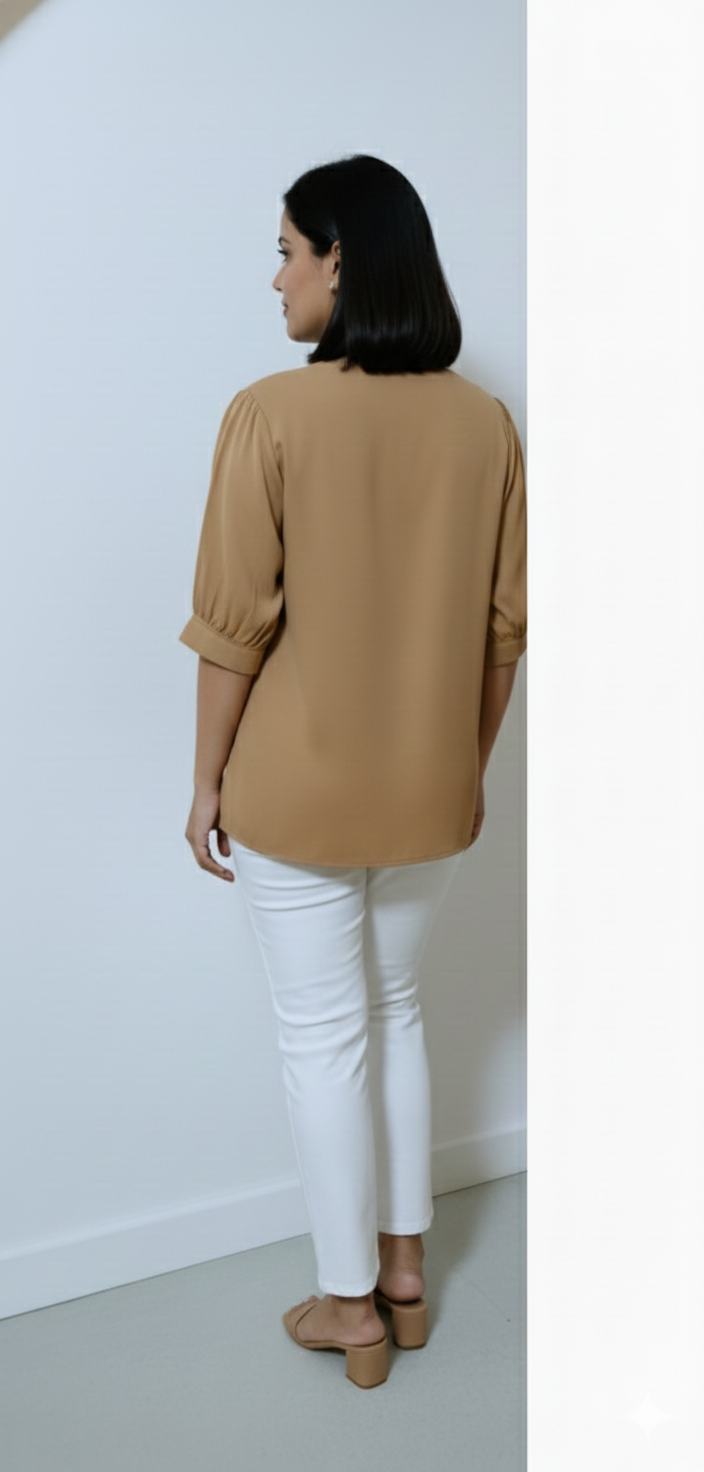 5 Button Tucks Satin Top - Mustard