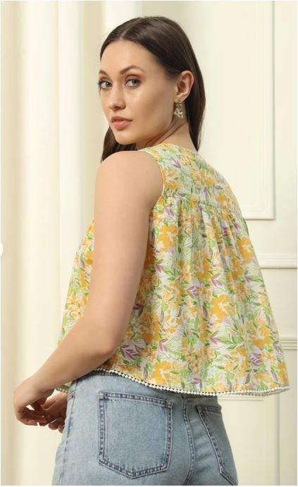 Yellow Floral Printed Cotton Top - Sleevless