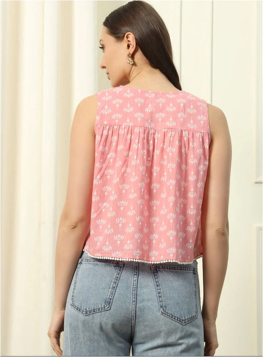 Baby Pink Floral Printed Cotton Top