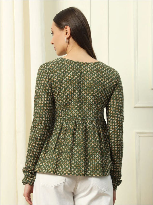 Angarakha Pattern Green Printed Cotton Top with Full Sleeves