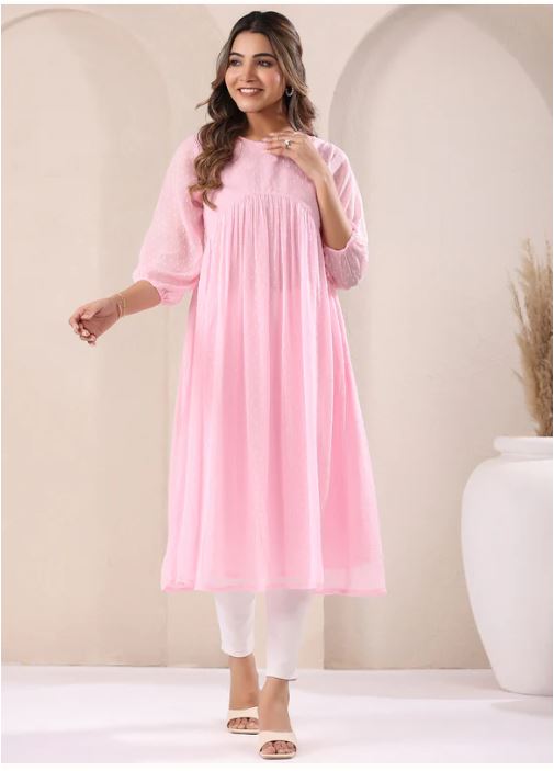 Dobby Chiffon A Line Kurti - Baby Pink