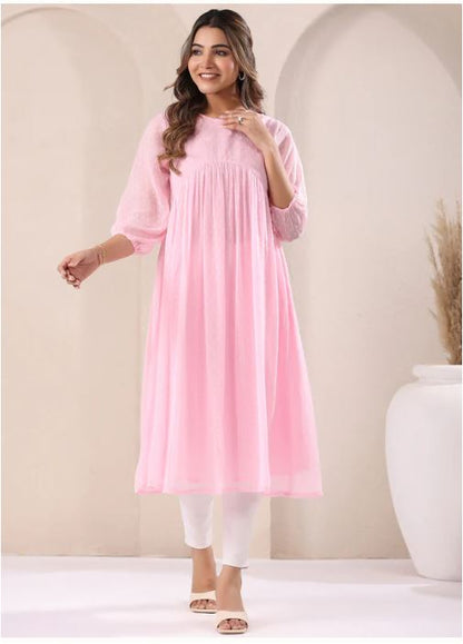 Dobby Chiffon A Line Kurti - Baby Pink