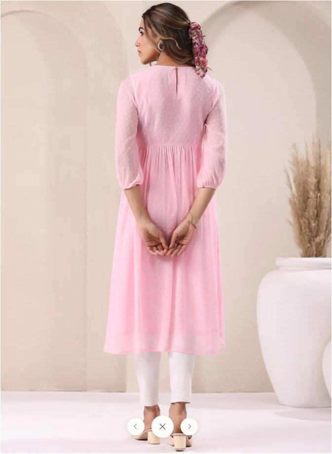 Dobby Chiffon A Line Kurti - Baby Pink