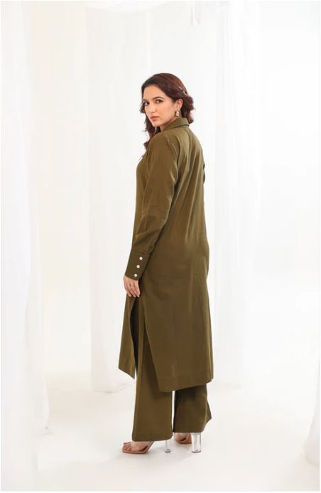 Long Collared Kurti - Olive Brown