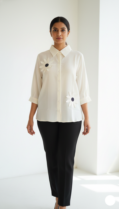 Textured Crepe Flower Shirt - Ivory White