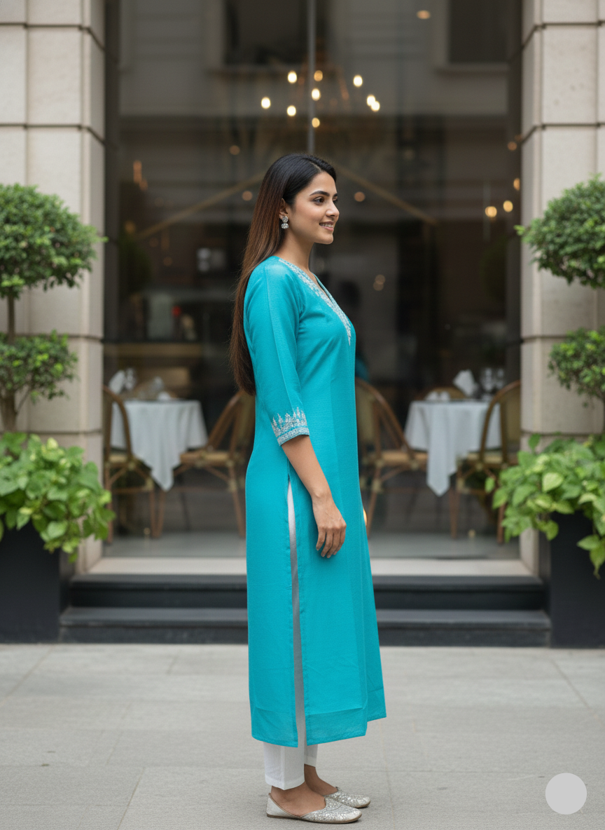 Long Embroidered Kurti - Sky Blue
