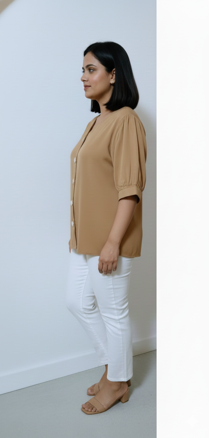 5 Button Tucks Satin Top - Mustard