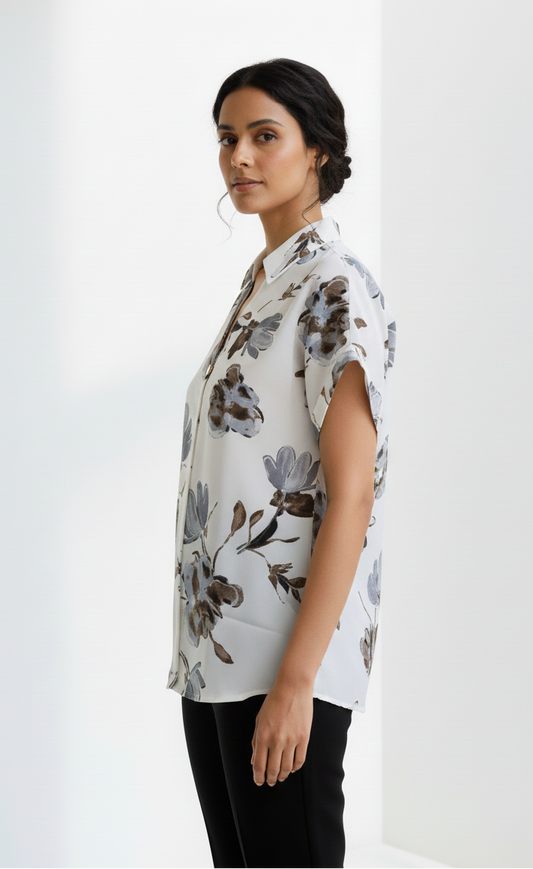 Printed Flower Satin Top - White