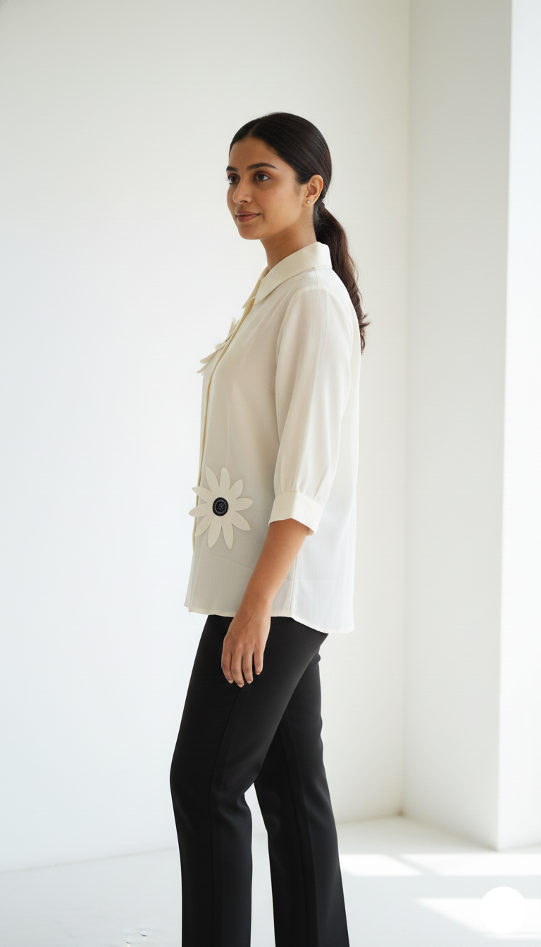 Textured Crepe Flower Shirt - Ivory White