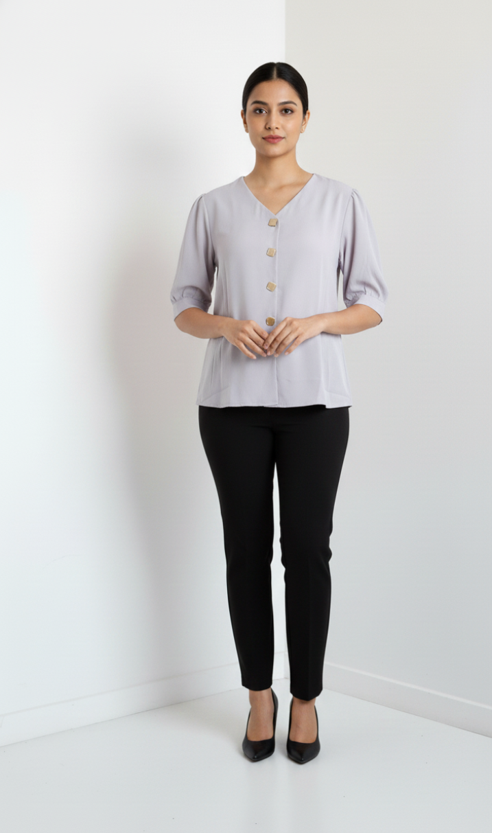 5 Button, Tucks Satin Top - Lavender Grey