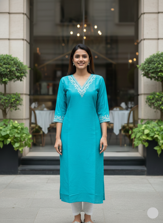 Long Embroidered Kurti - Sky Blue