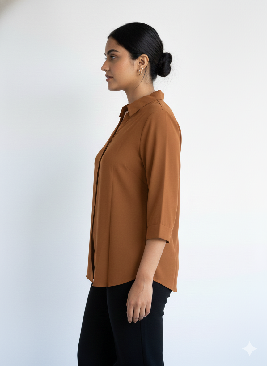 Poly Satin Shirt - Warm Caramel Brown