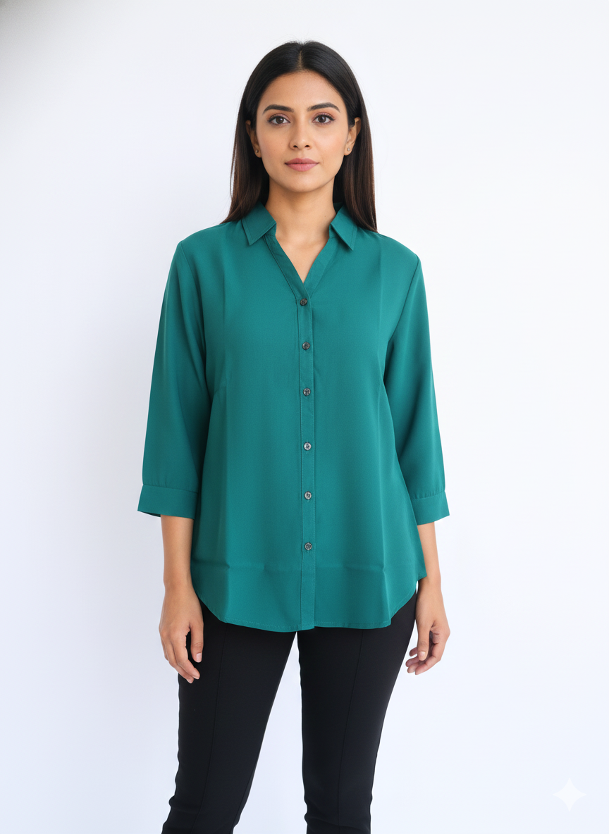 Poly Satin Shirt - Muted Peacock Green