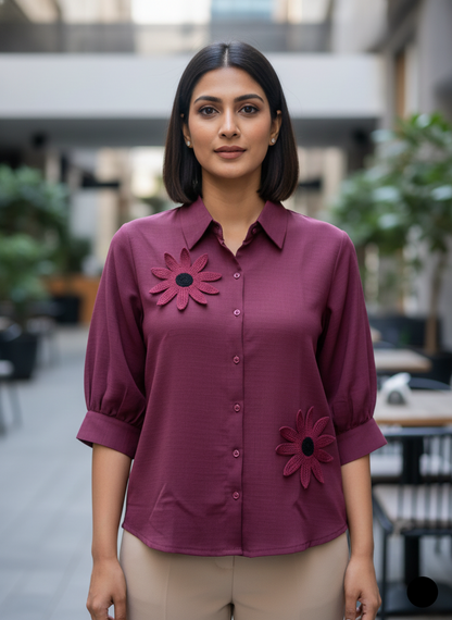 Crepe Flower Shirt - Wine Red
