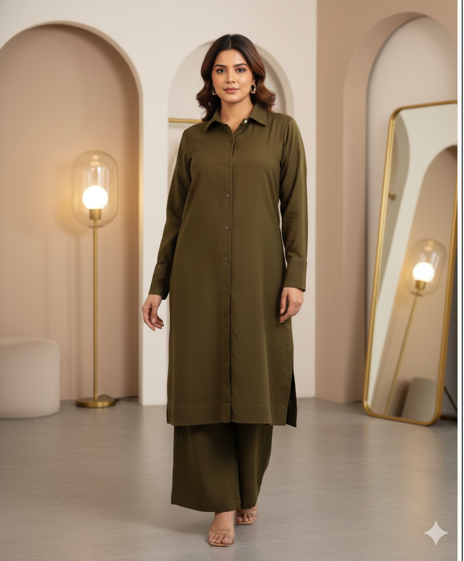 Long Collared Kurti - Olive Brown