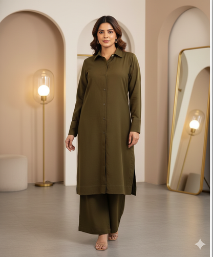 Long Collared Kurti - Olive Brown