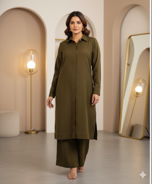 Long Collared Kurti - Olive Brown