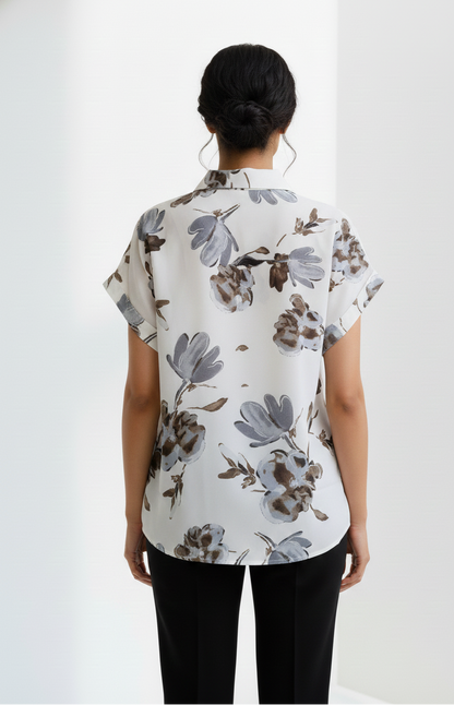 Printed Flower Satin Top - White
