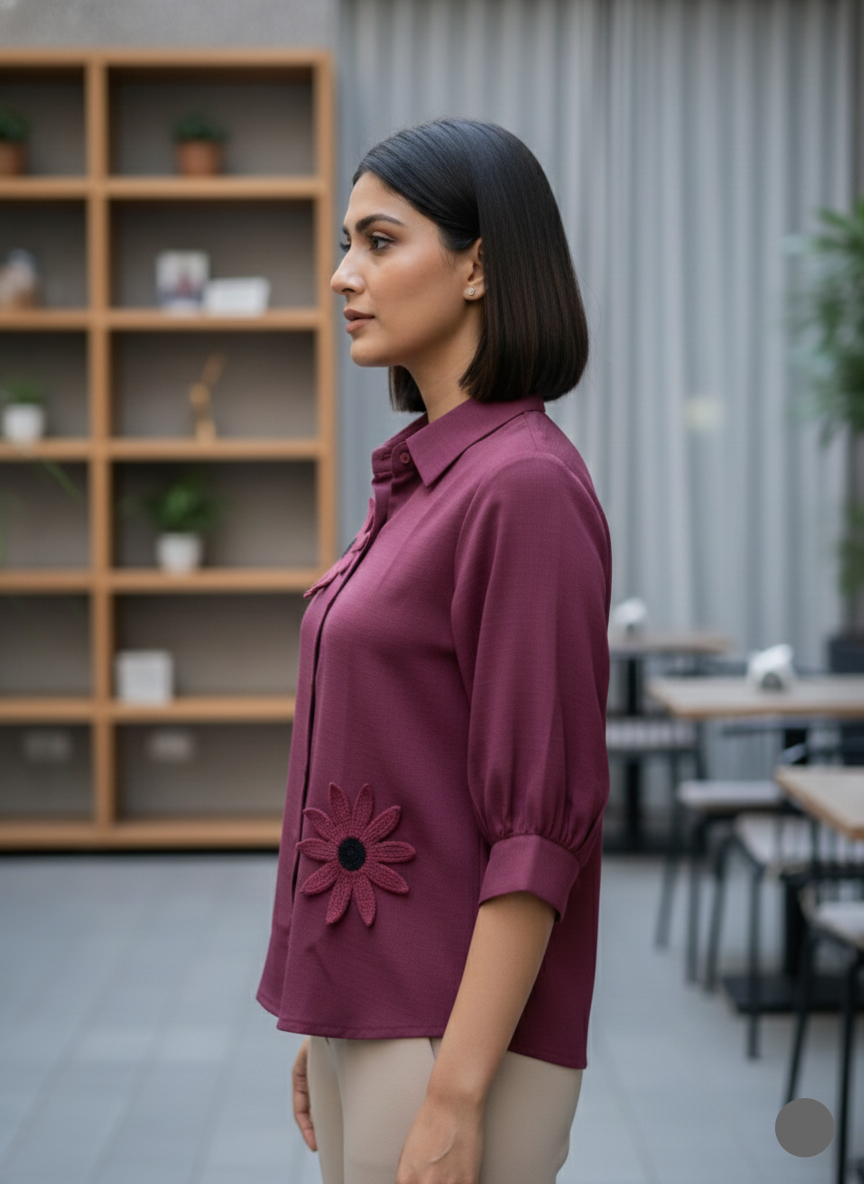 Crepe Flower Shirt - Wine Red