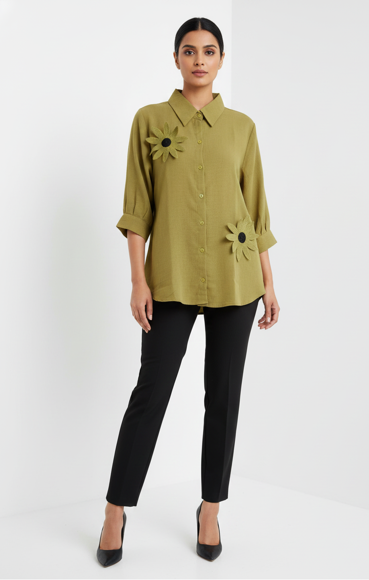 Crepe Flower Shirt - Olive Green