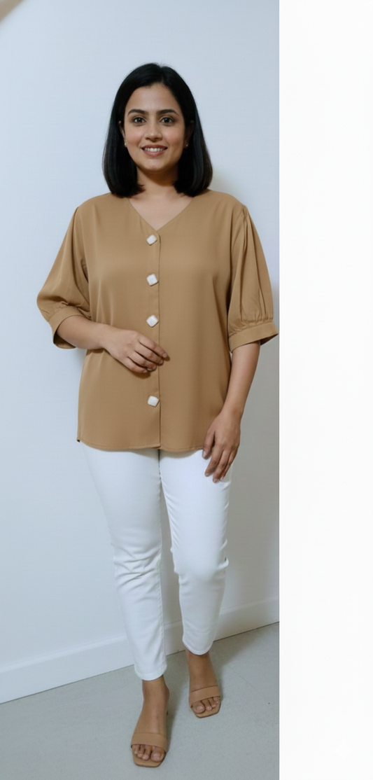 5 Button Tucks Satin Top - Mustard