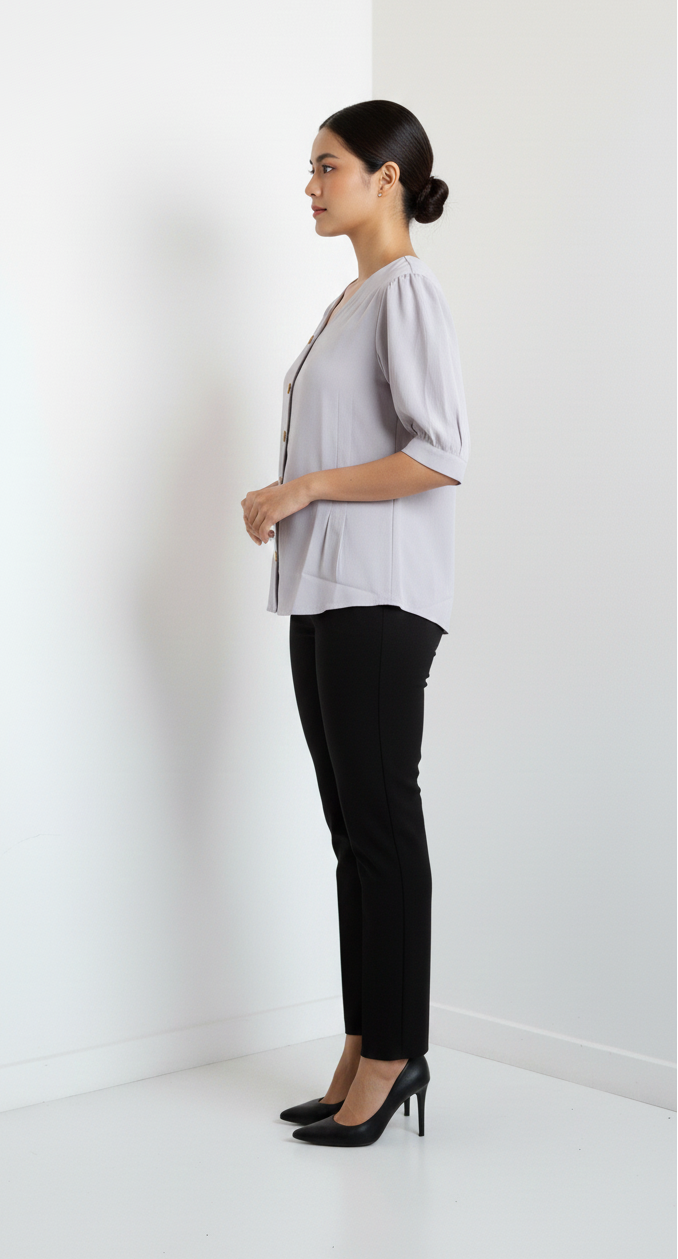 5 Button, Tucks Satin Top - Lavender Grey