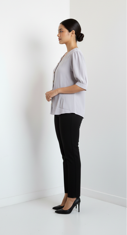 5 Button, Tucks Satin Top - Lavender Grey