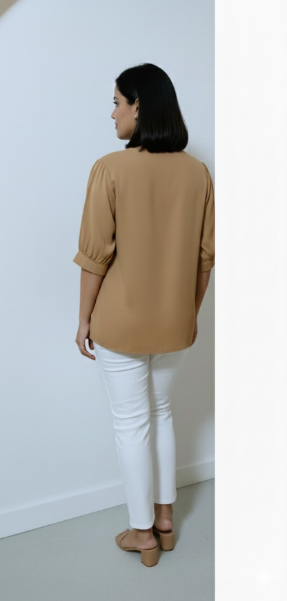 5 Button Tucks Satin Top - Mustard