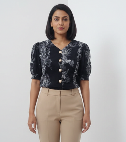 Printed Satin Top - Black White