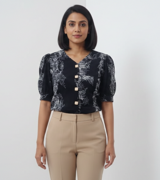 Printed Satin Top - Black White