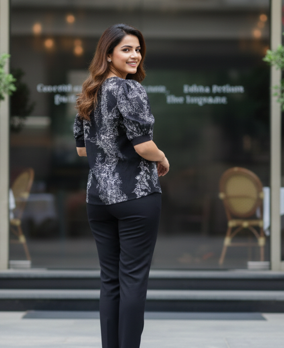 Printed Satin Top - Black White