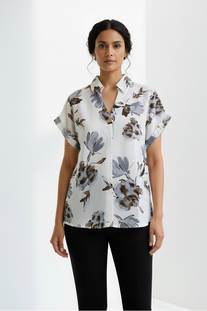 Printed Flower Satin Top - White