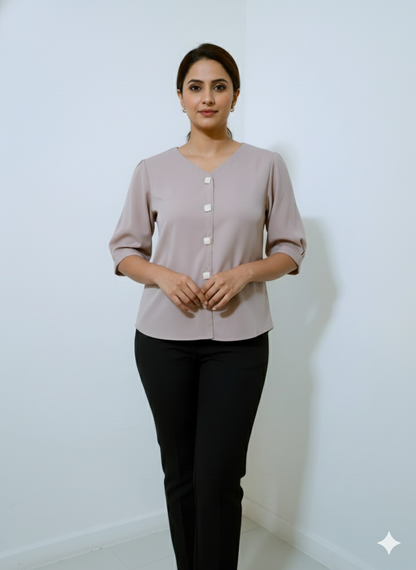 5 Button Tucks Satin Top - Muted Lavender