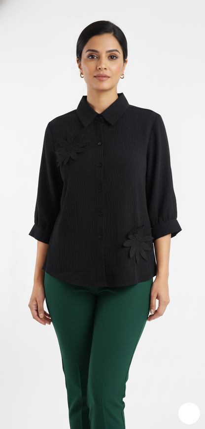 Crepe Flower Shirt- Black