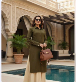 Long Collared Kurti - Olive Brown