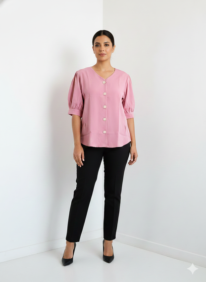 5 Button Tucks Satin Top- Pink