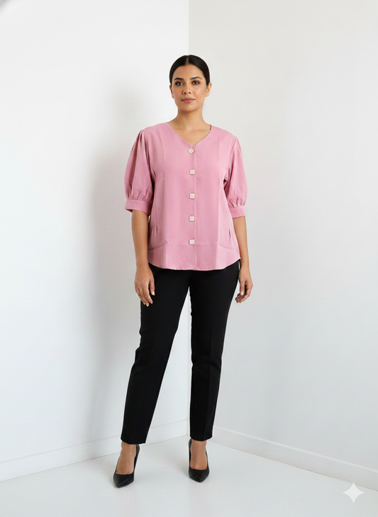 5 Button Tucks Satin Top- Pink