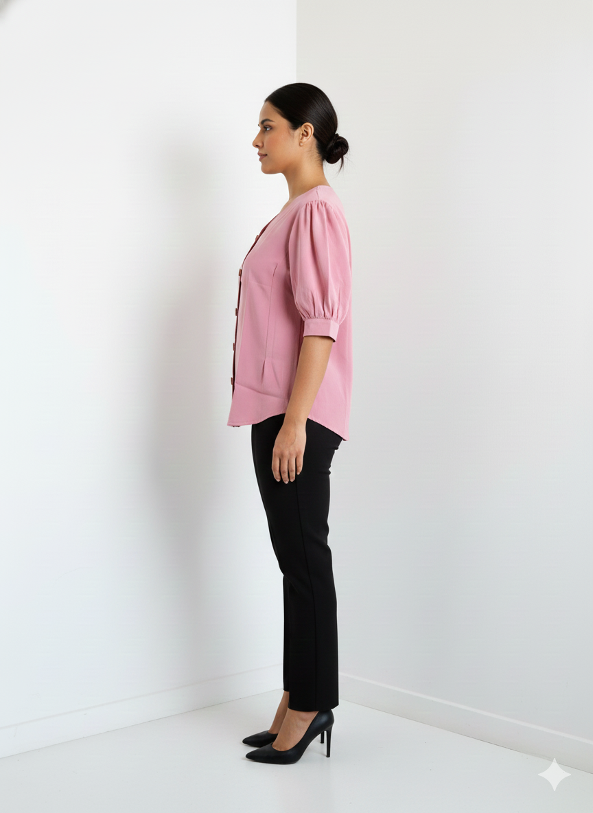 5 Button Tucks Satin Top- Pink