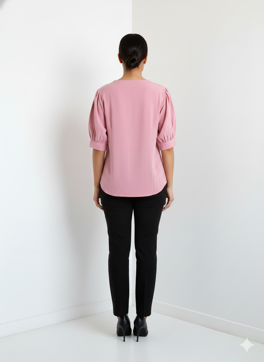 5 Button Tucks Satin Top- Pink