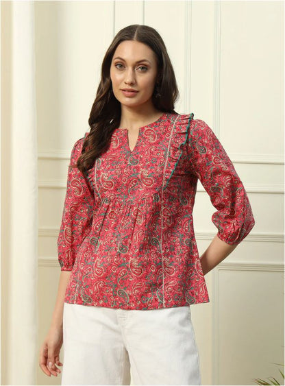 Red Floral Printed Cotton Top