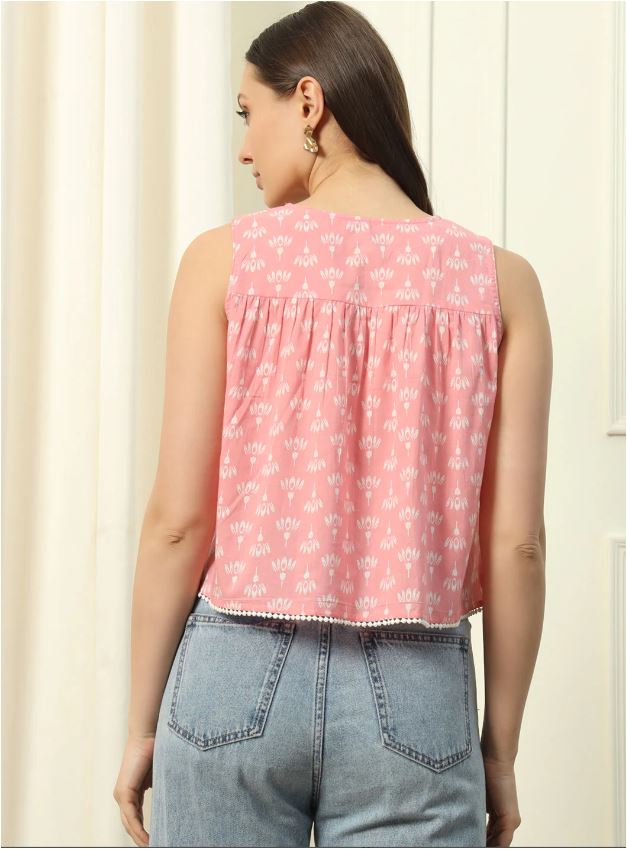 Baby Pink Floral Printed Cotton Top