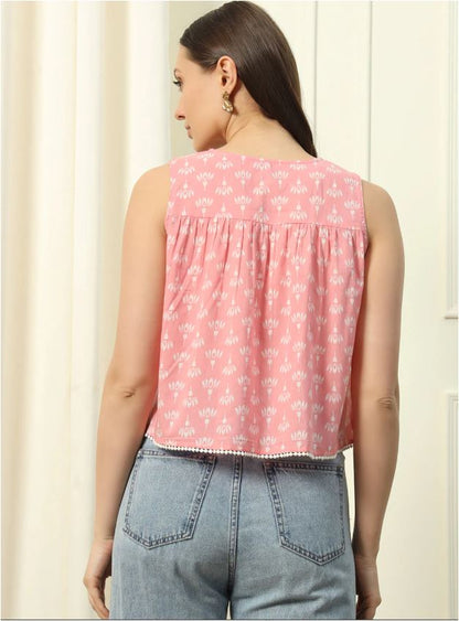Baby Pink Floral Printed Cotton Top