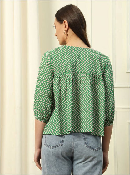 Green Strip Printed Cotton Top