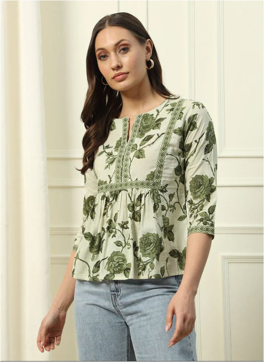 Pista Green Floral Printed Top