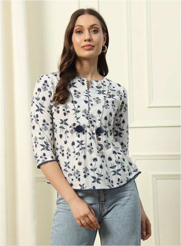 White Printed Cotton Top