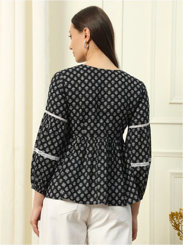 Angarakha Pattern Black Printed Cotton Top with Full Sleeves