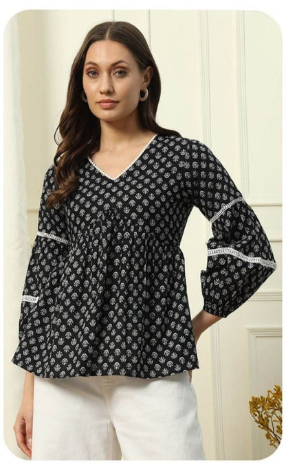 Angarakha Pattern Black Printed Cotton Top with Full Sleeves