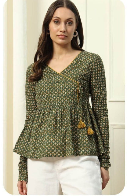 Angarakha Pattern Green Printed Cotton Top with Full Sleeves